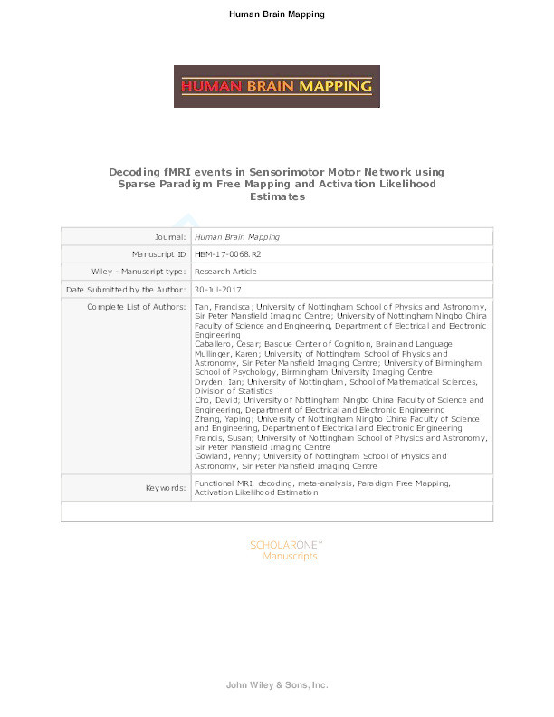 Decoding fMRI events in sensorimotor motor network using sparse paradigm free mapping and activation likelihood estimates: Decoding fMRI Events in SMN Thumbnail