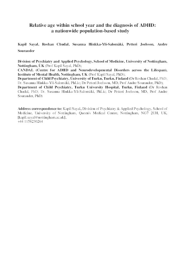 Relative age within the school year and diagnosis of attention-deficit hyperactivity disorder: a nationwide population-based study Thumbnail