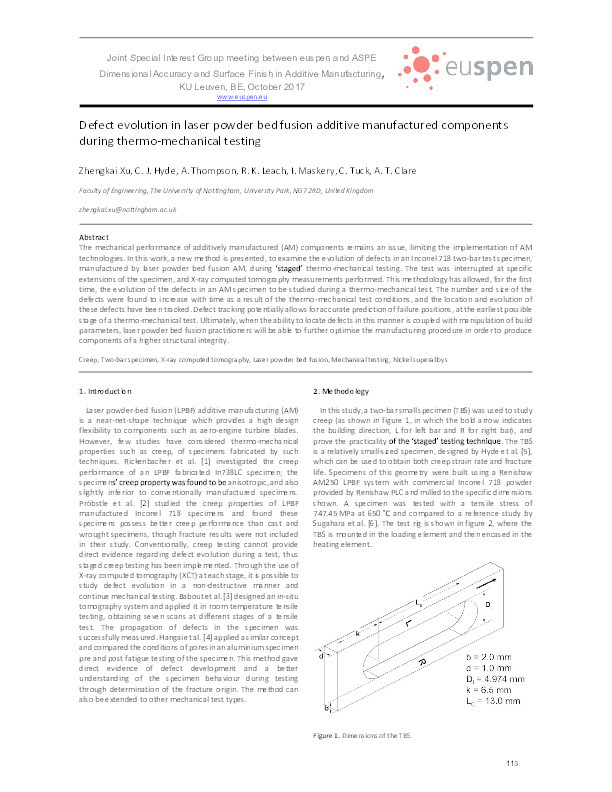 Defect evolution in laser powder bed fusion additive manufactured components during thermo-mechanical testing Thumbnail