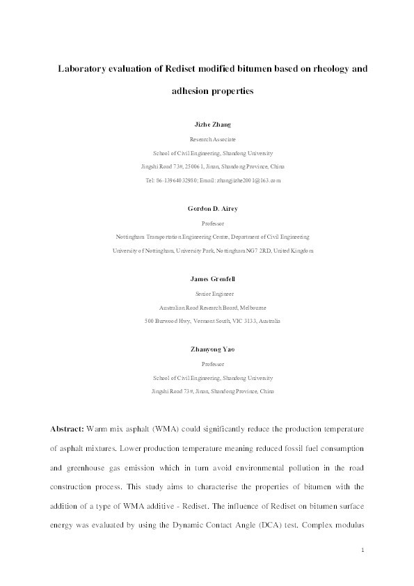 Laboratory evaluation of Rediset modified bitumen based on rheology and adhesion properties Thumbnail