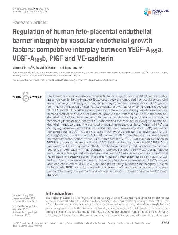 Regulation of human feto-placental endothelial barrier integrity by vascular endothelial growth factors: competitive interplay between VEGF-A165a, VEGF-A165b, PIGF and VE-cadherin Thumbnail