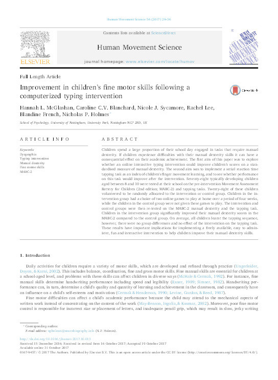 Improvement in children’s fine motor skills following a computerized typing intervention Thumbnail