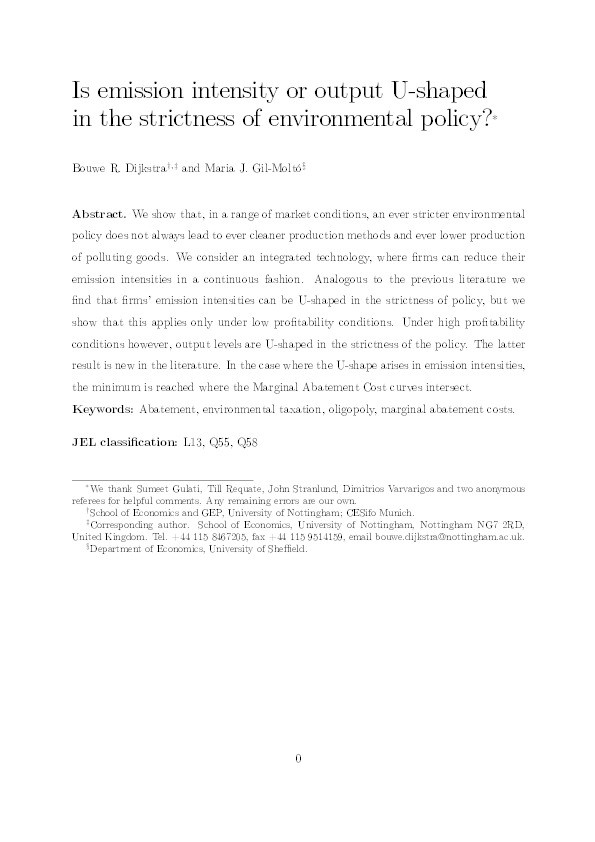 Is emission intensity or output U-shaped in the strictness of environmental policy? Thumbnail