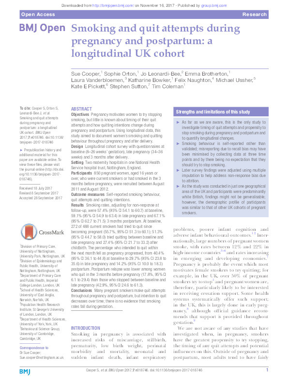 Smoking and quit attempts during pregnancy and postpartum: a longitudinal UK cohort Thumbnail