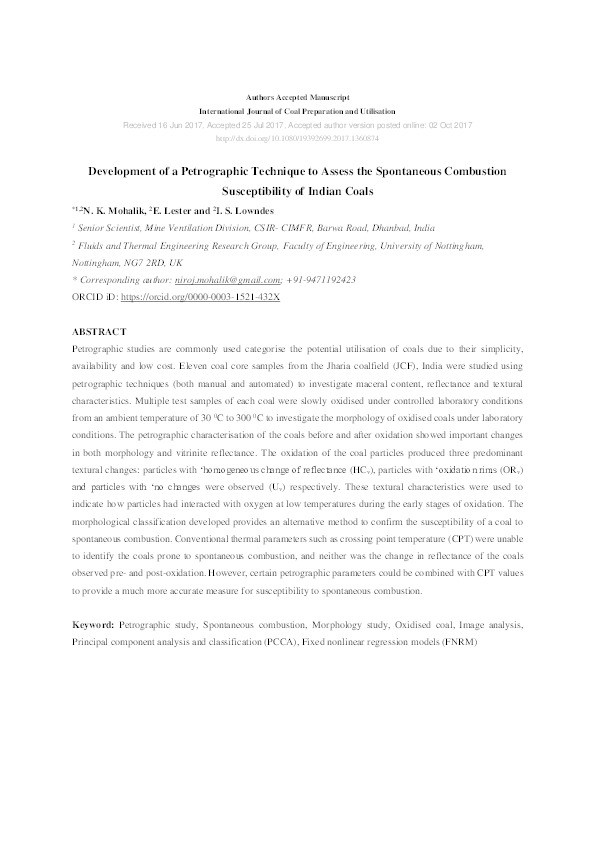 Development of a petrographic technique to assess the spontaneous combustion susceptibility of Indian coals Thumbnail