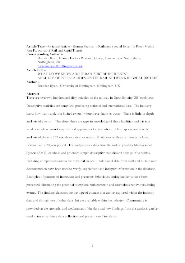 What do we know about rail suicide incidents?: analysis of 257 fatalities on the rail network in Great Britain Thumbnail