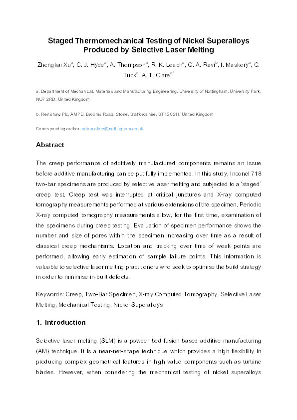 Staged thermomechanical testing of nickel superalloys produced by selective laser melting Thumbnail