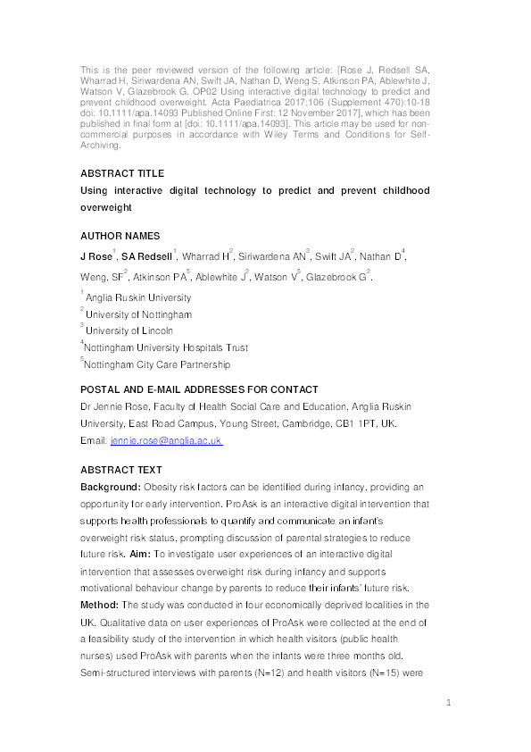 Using interactive digital technology to predict and prevent childhood overweight Thumbnail