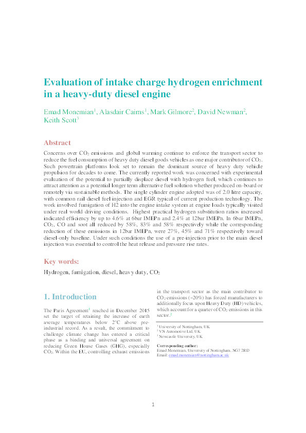 Evaluation of intake charge hydrogen enrichment in a heavy-duty diesel engine Thumbnail