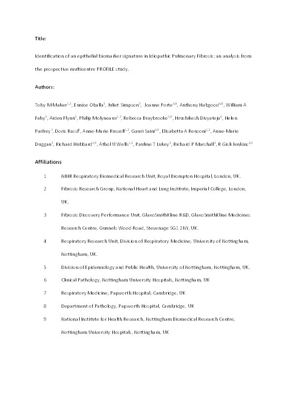 An epithelial biomarker signature for idiopathic pulmonary fibrosis: an analysis from the multicentre PROFILE cohort study Thumbnail