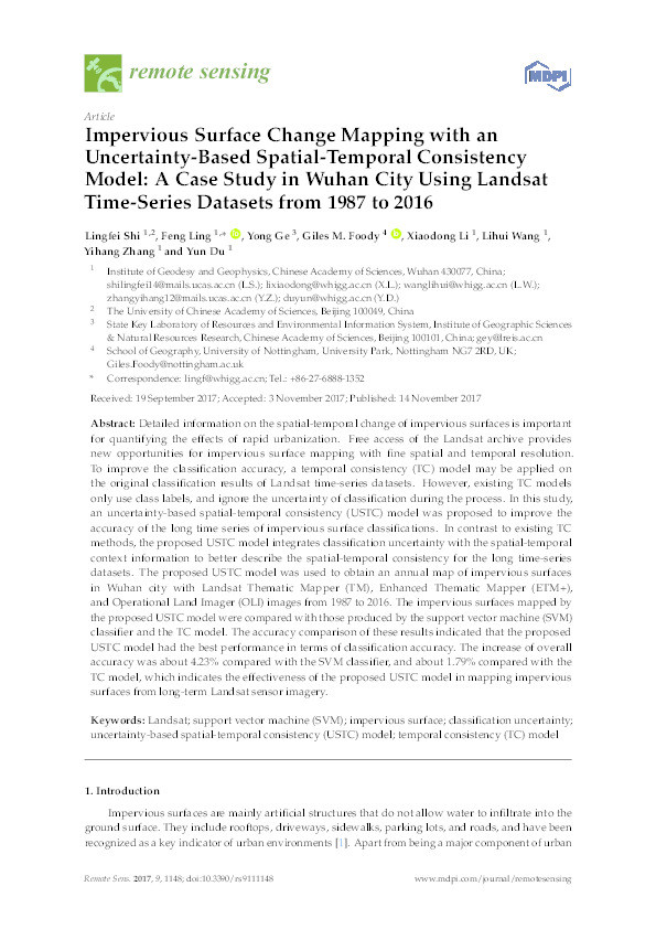 Impervious surface change mapping with an uncertainty-based spatial-temporal consistency model: a case study in Wuhan city using Landsat time-series datasets from 1987 to 2016 Thumbnail