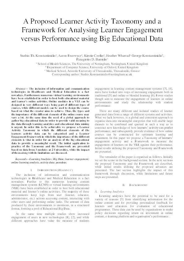 A proposed learner activity taxonomy and a framework for analysing learner engagement versus performance using big educational data Thumbnail