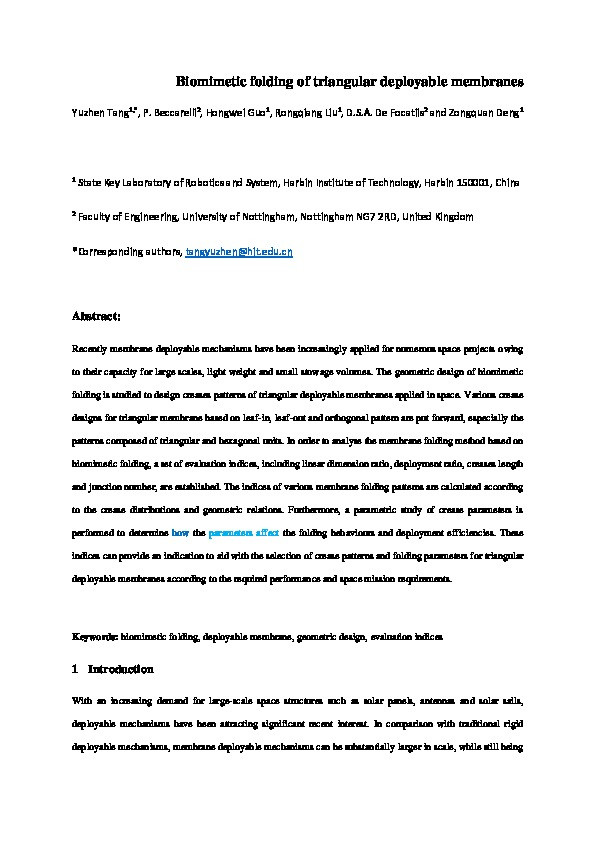 Biomimetic folding of triangular deployable membranes Thumbnail