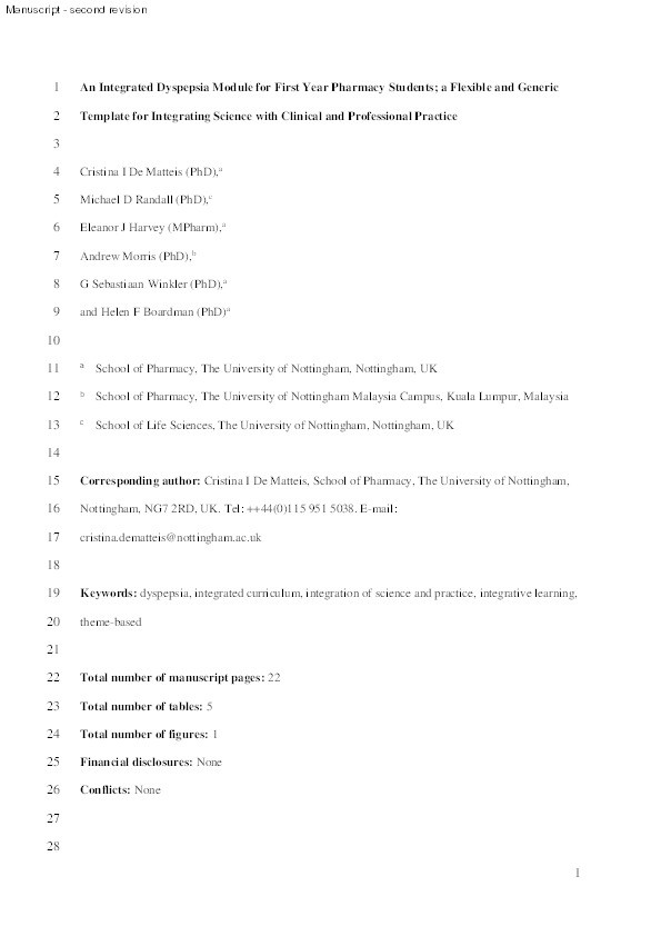 An integrated dyspepsia module for first year Pharmacy students: a flexible and generic template for integrating science with clinical and professional practice Thumbnail