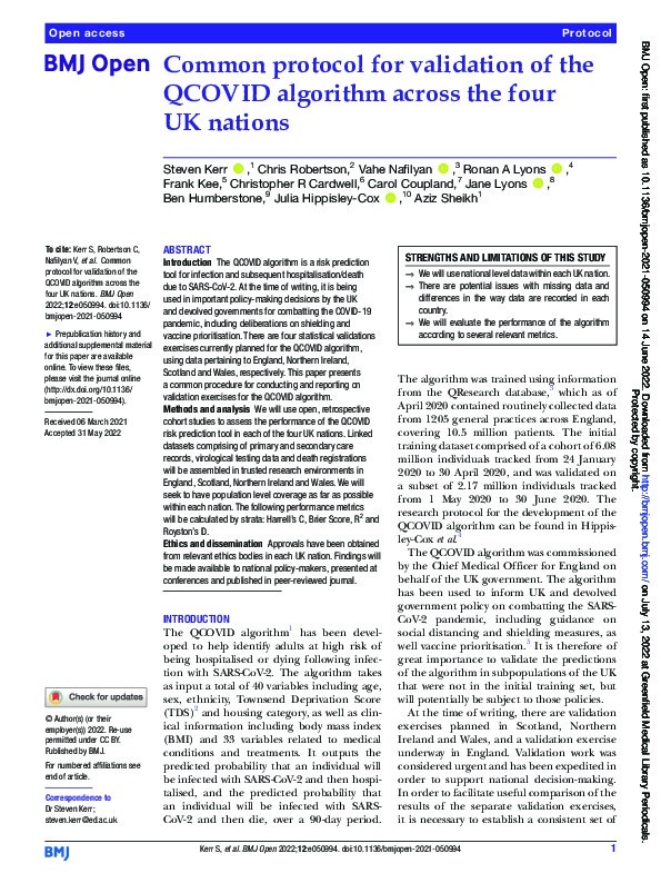 Common protocol for validation of the QCOVID algorithm across the four UK nations Thumbnail