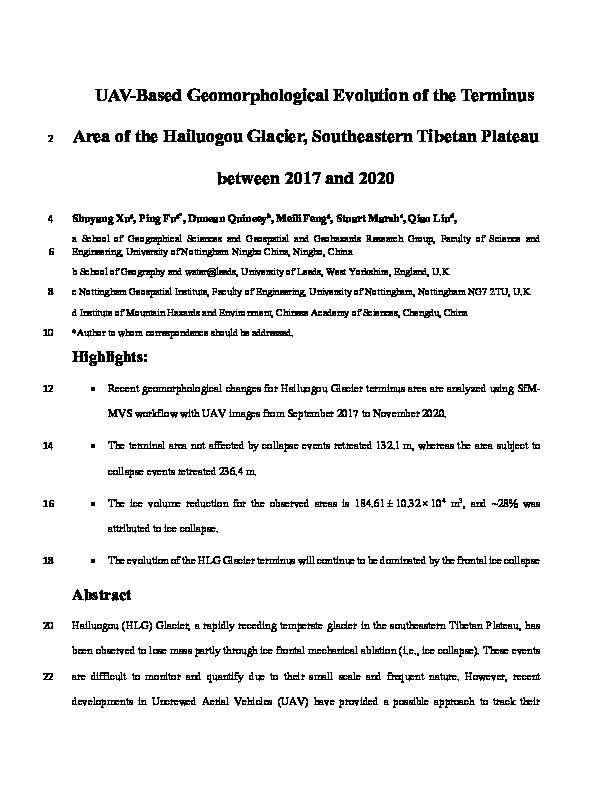 UAV-based geomorphological evolution of the Terminus Area of the Hailuogou Glacier, Southeastern Tibetan Plateau between 2017 and 2020 Thumbnail