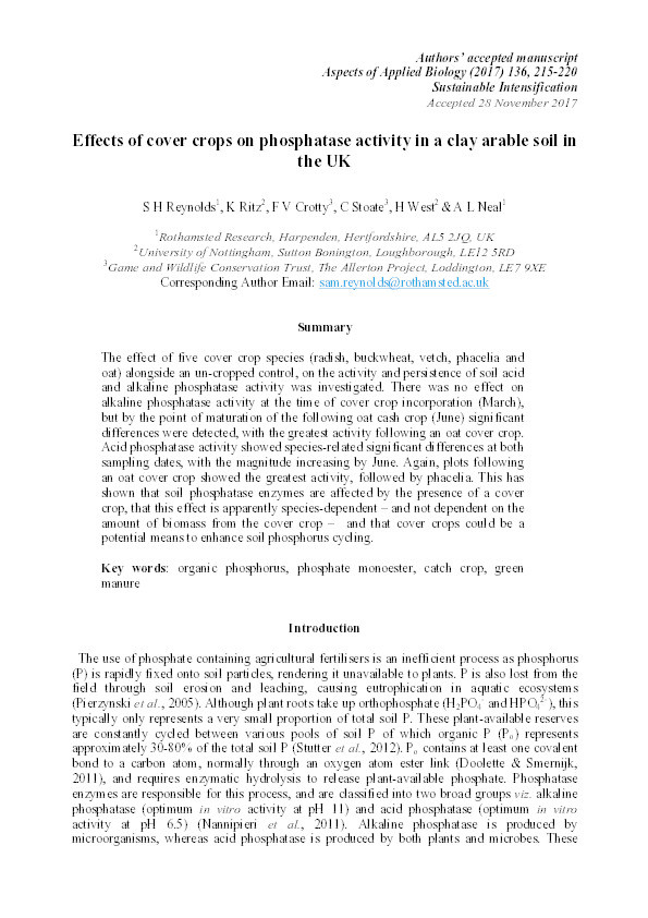 Effects of cover crops on phosphatase activity in a clay arable soil in the UK Thumbnail