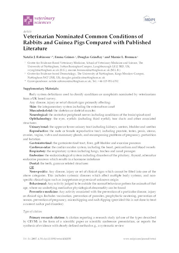 Veterinarian nominated common conditions of rabbits and guinea pigs compared with published literature Thumbnail