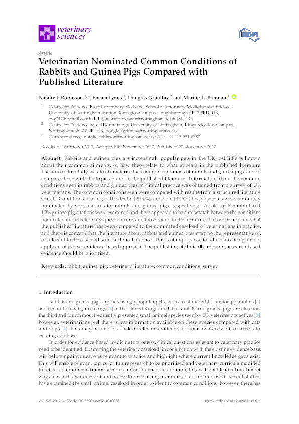 Veterinarian nominated common conditions of rabbits and guinea pigs compared with published literature Thumbnail