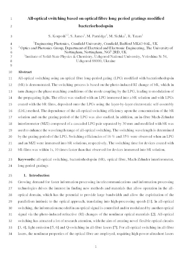 All-optical switching based on optical fibre long period gratings modified bacteriorhodopsin Thumbnail