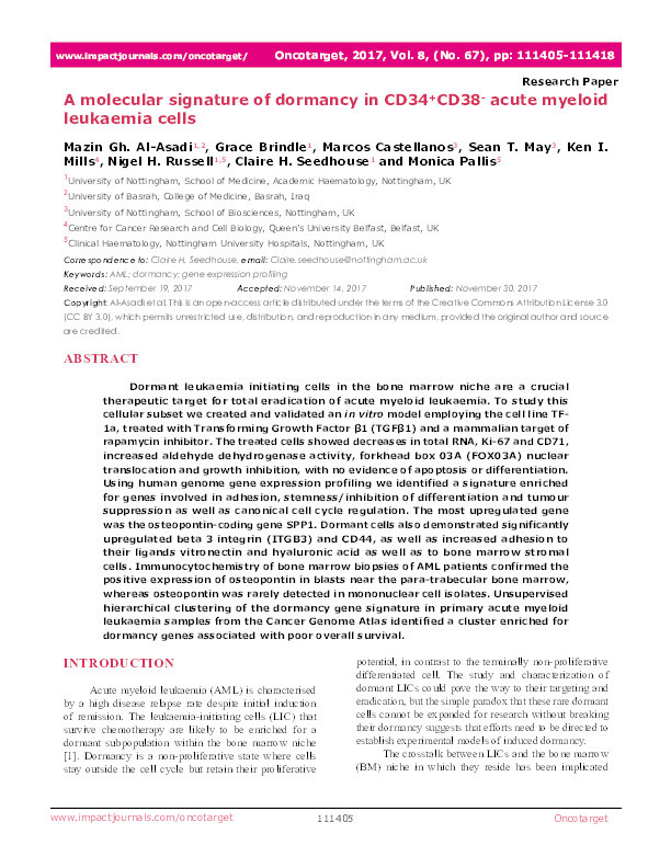 A molecular signature of dormancy in CD34+CD38- acute myeloid leukaemia cells Thumbnail