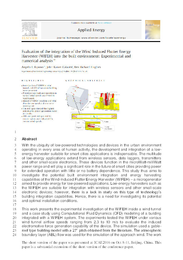 Evaluation of the integration of the Wind-Induced Flutter Energy Harvester (WIFEH) into the built environment: experimental and numerical analysis Thumbnail