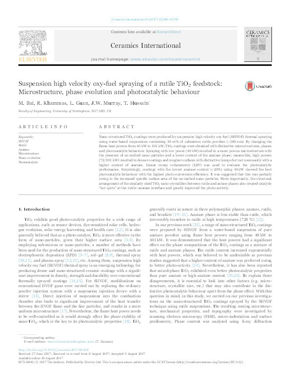 Suspension high velocity oxy-fuel spraying of a rutile TiO2 feedstock: Microstructure, phase evolution and photocatalytic behaviour Thumbnail