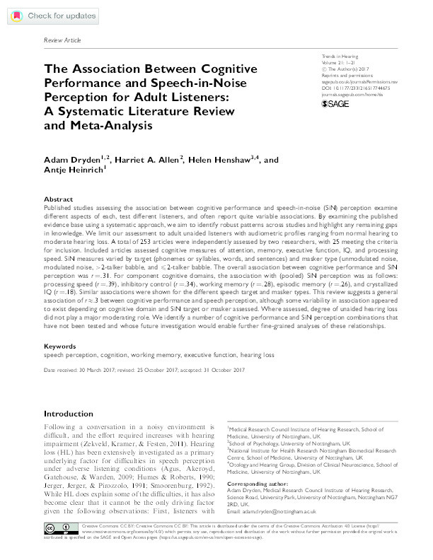 The association between cognitive performance and speech-­in-noise perception for adult listeners: a systematic literature review and meta­‐analysis Thumbnail