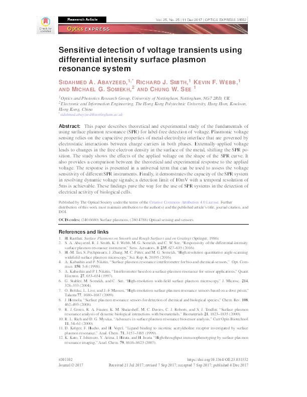 Sensitive detection of voltage transients using differential intensity surface plasmon resonance system Thumbnail