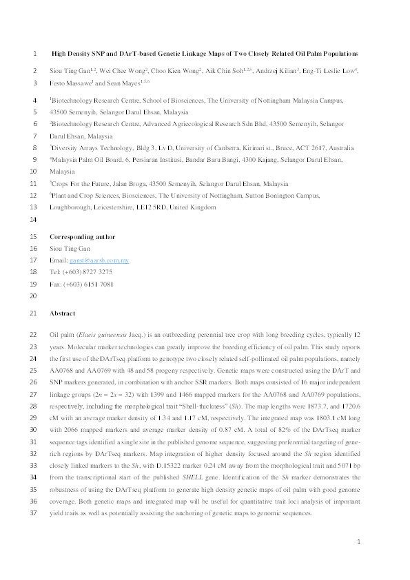 High density SNP and DArT-based genetic linkage maps of two closely related oil palm populations Thumbnail