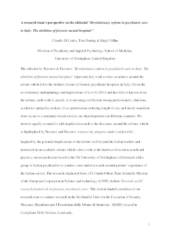 A research team’s perspective on the editorial 'Revolutionary reform in psychiatric care in Italy: The abolition of forensic mental hospitals' Thumbnail