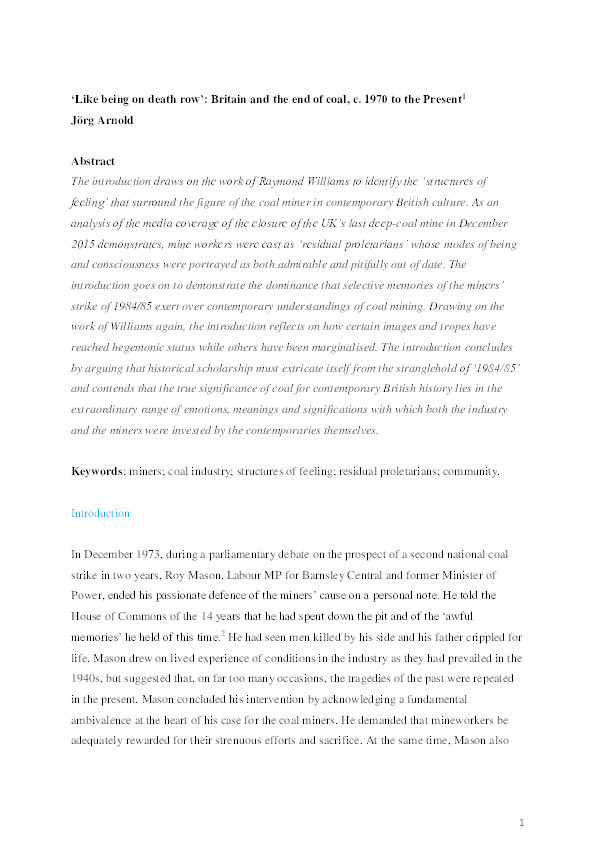‘Like being on death row’: Britain and the end of coal, c. 1970 to the present Thumbnail