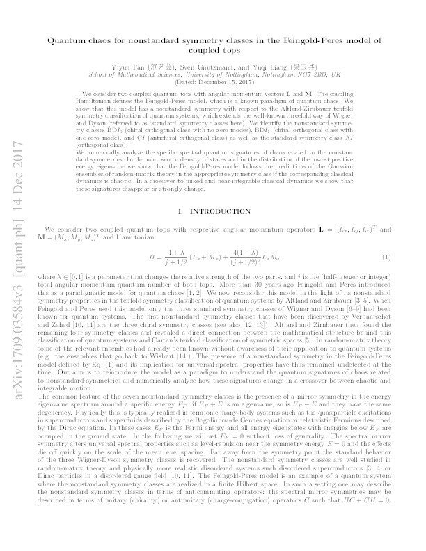 Quantum chaos for nonstandard symmetry classes in the Feingold-Peres model of coupled tops Thumbnail