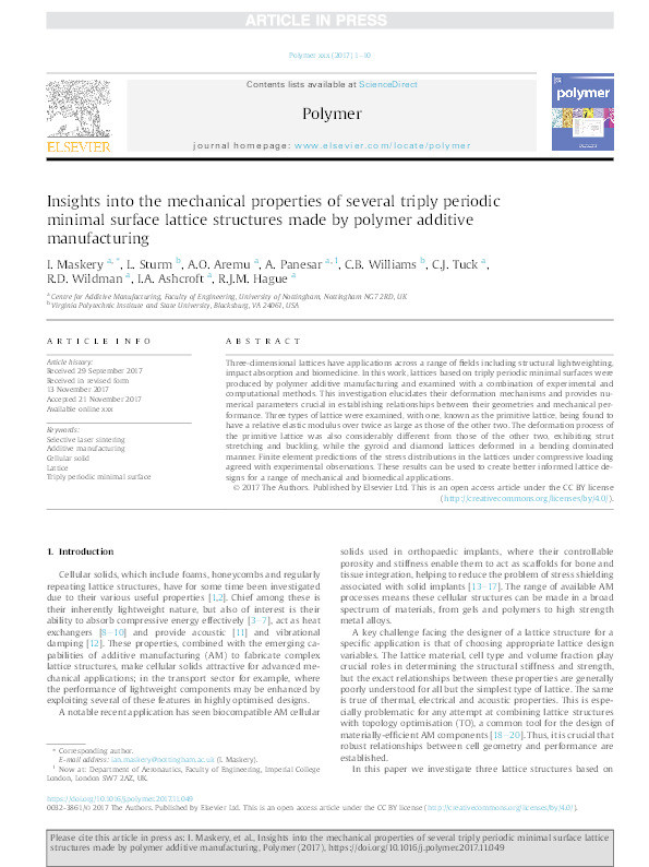 Insights into the mechanical properties of several triplyperiodic minimal surface lattice structures made by polymeradditive manufacturing Thumbnail