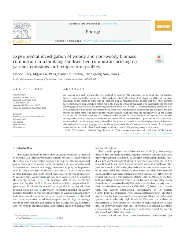 Experimental investigation of woody and non-woody biomass combustion in a bubbling fluidised bed combustor focusing on gaseous emissions and temperature profiles Thumbnail