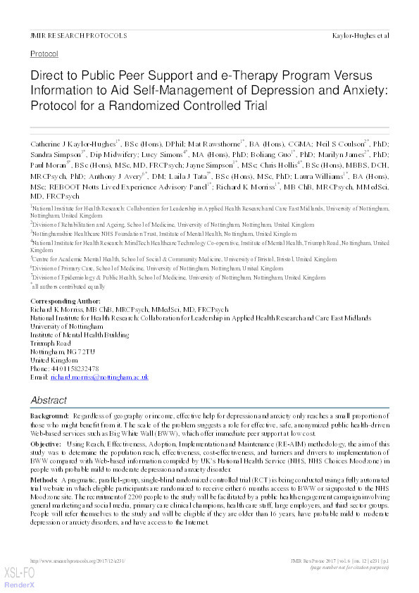 Direct to public peer support and e-therapy program versus information to aid self-management of depression and anxiety: protocol for a randomized controlled trial Thumbnail