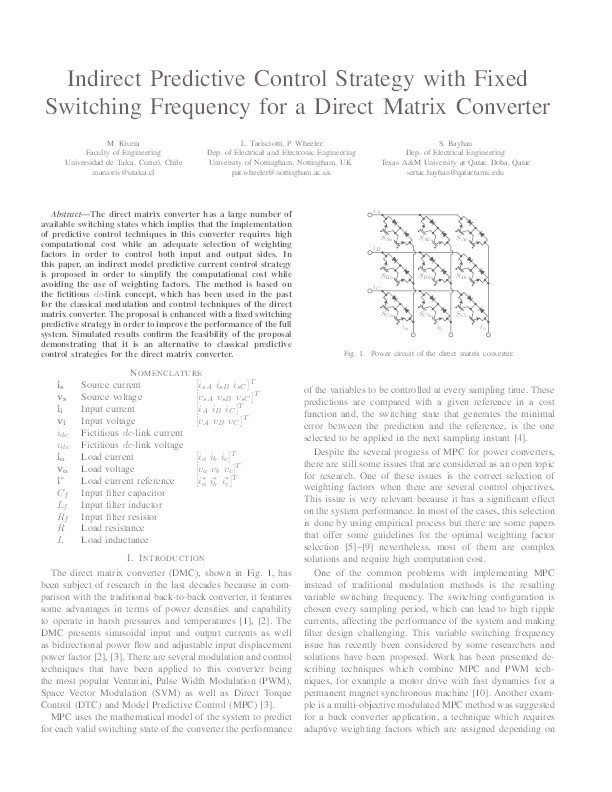 Indirect predictive control strategy with fixed switching frequency for a direct matrix converter Thumbnail