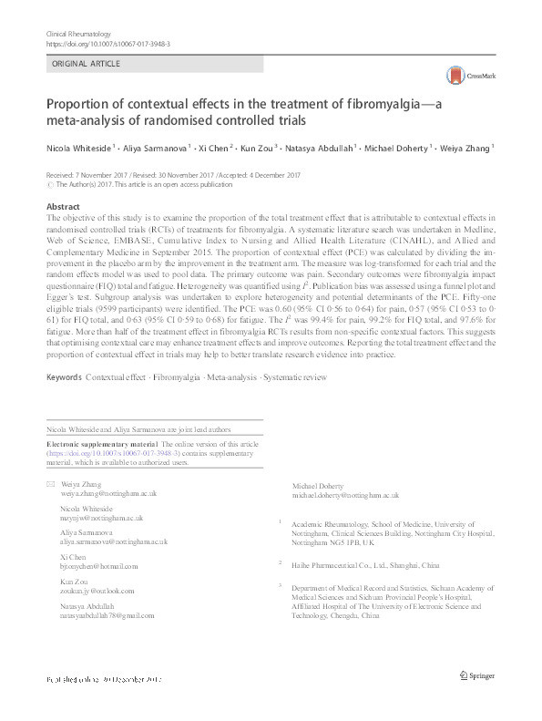 Proportion of contextual effects in the treatment of fibromyalgia - a meta-analysis of randomised controlled trials Thumbnail