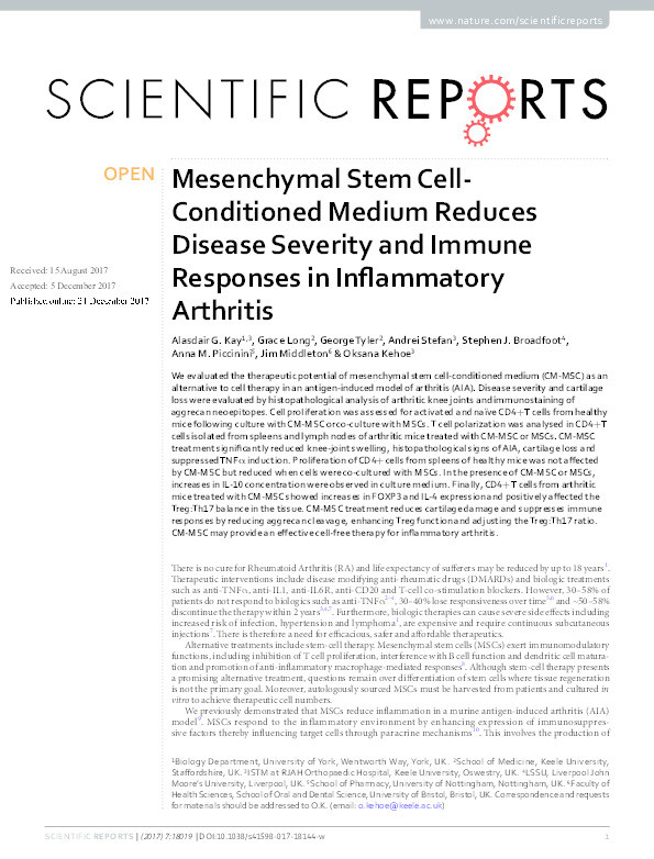 Mesenchymal stem cell-conditioned medium reduces disease severity and immune responses in inflammatory arthritis Thumbnail