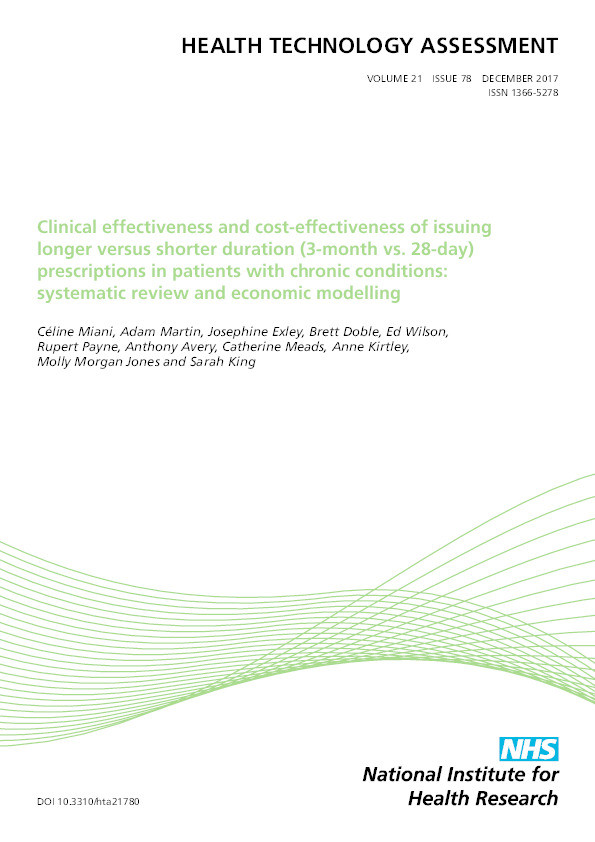 Clinical and cost effectiveness of issuing longer versus shorter duration (3 month vs. 28 day) prescriptions in patients with chronic conditions: systematic review and economic modelling Thumbnail