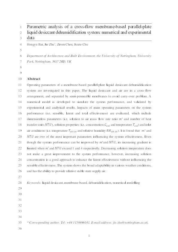 Parametric analysis of a cross-flow membrane-based parallel-plate liquid desiccant dehumidification system: numerical and experimental data Thumbnail