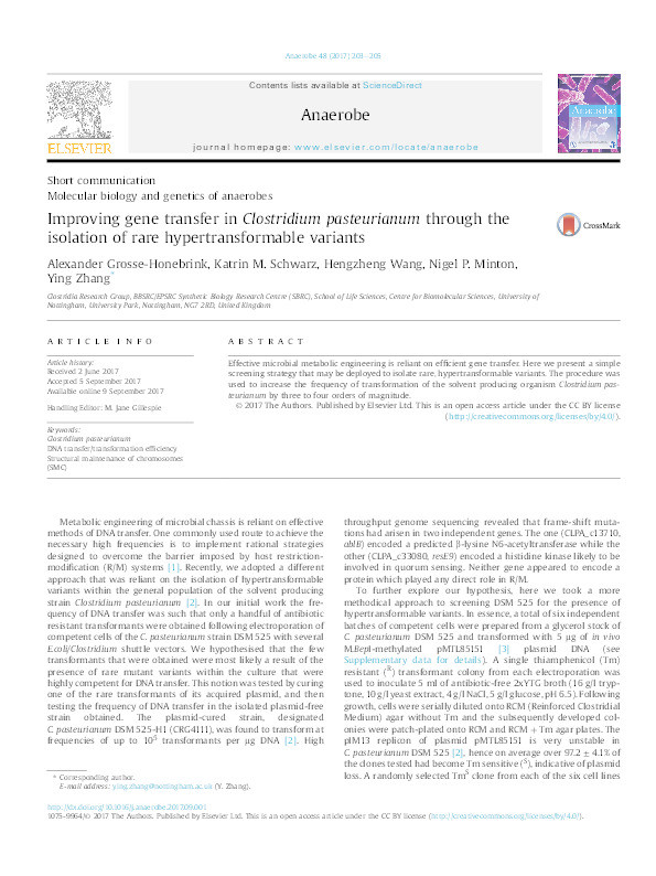 Improving gene transfer in Clostridium pasteurianum through the isolation of rare hypertransformable variants Thumbnail