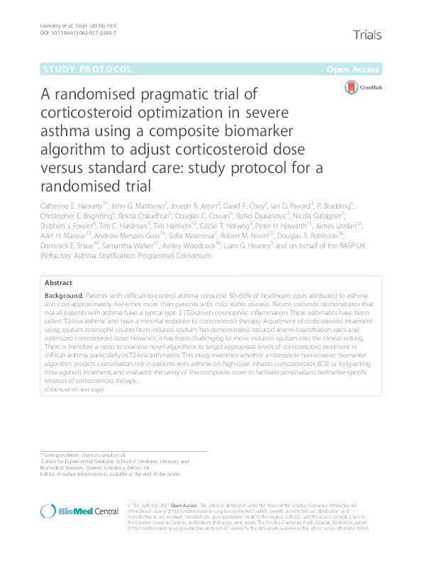 A randomised pragmatic trial of corticosteroid optimization in severe asthma using a composite biomarker algorithm to adjust corticosteroid dose versus standard care: study protocol for a randomised trial Thumbnail