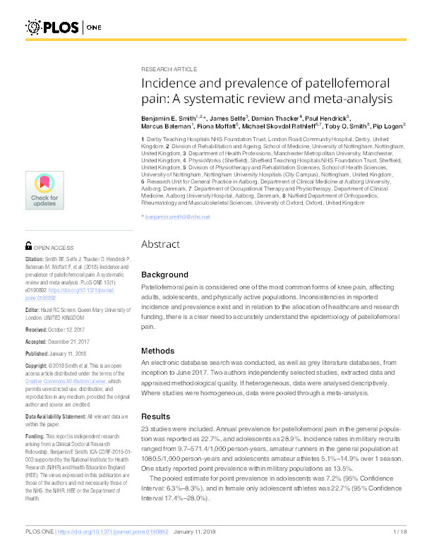 Incidence and prevalence of patellofemoral pain: a systematic review and meta-analysis Thumbnail