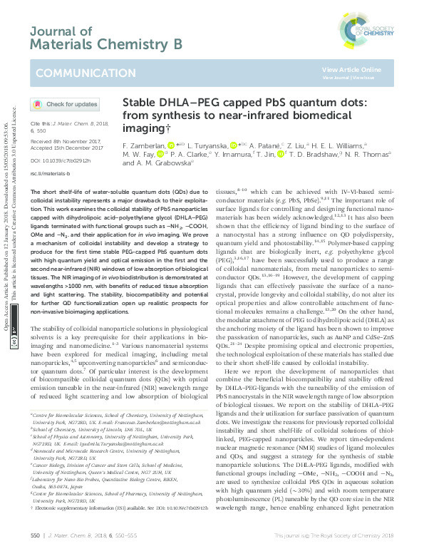 Stable DHLA–PEG capped PbS quantum dots: from synthesis to near-infrared biomedical imaging Thumbnail