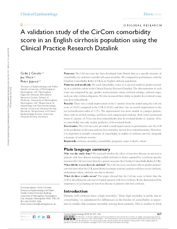 A validation study of the CirCom comorbidity score in an English cirrhosis population using the Clinical Practice Research Datalink Thumbnail