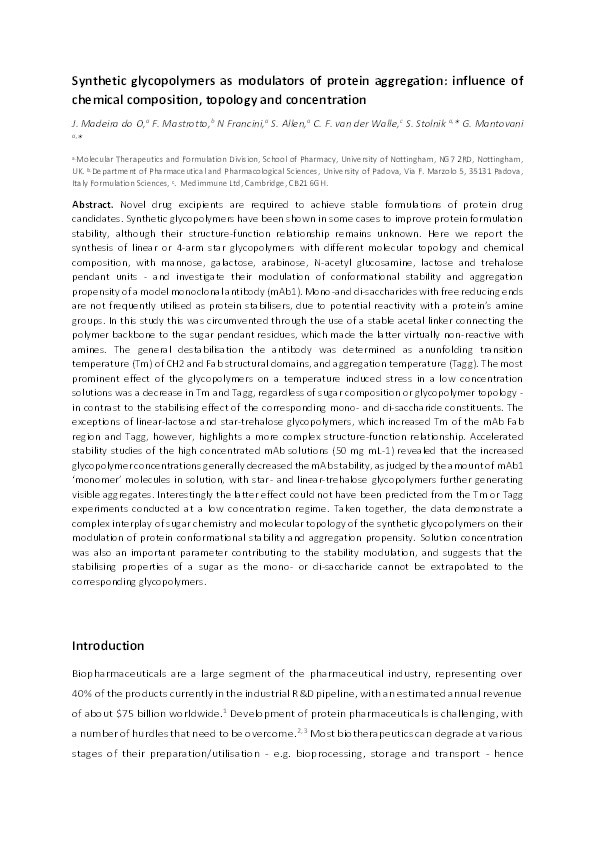 Synthetic glycopolymers as modulators of protein aggregation: influence of chemical composition, topology and concentration Thumbnail