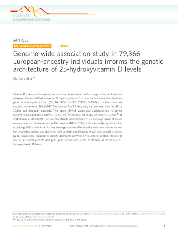 Genome-wide association study in 79,366 European-ancestry individuals informs the genetic architecture of 25-hydroxyvitamin D levels Thumbnail