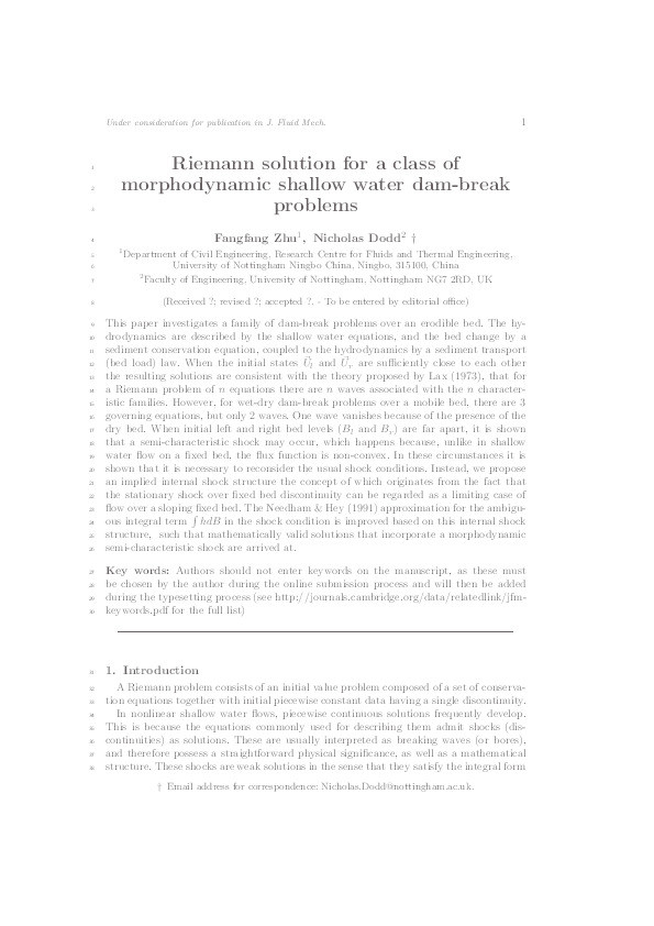 Riemann solution for a class of morphodynamic shallow water dam-break problems Thumbnail
