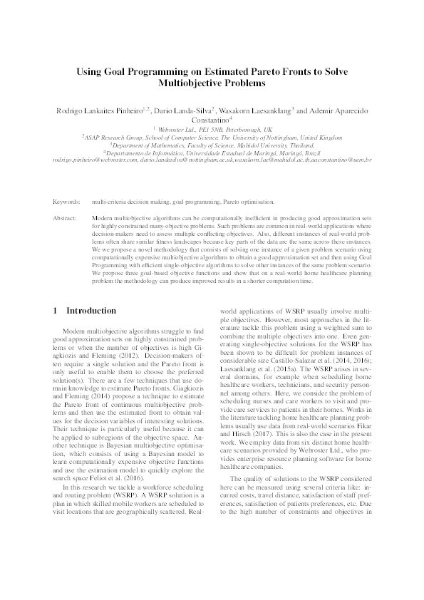 Using goal programming on estimated Pareto fronts to solve multiobjective problems Thumbnail
